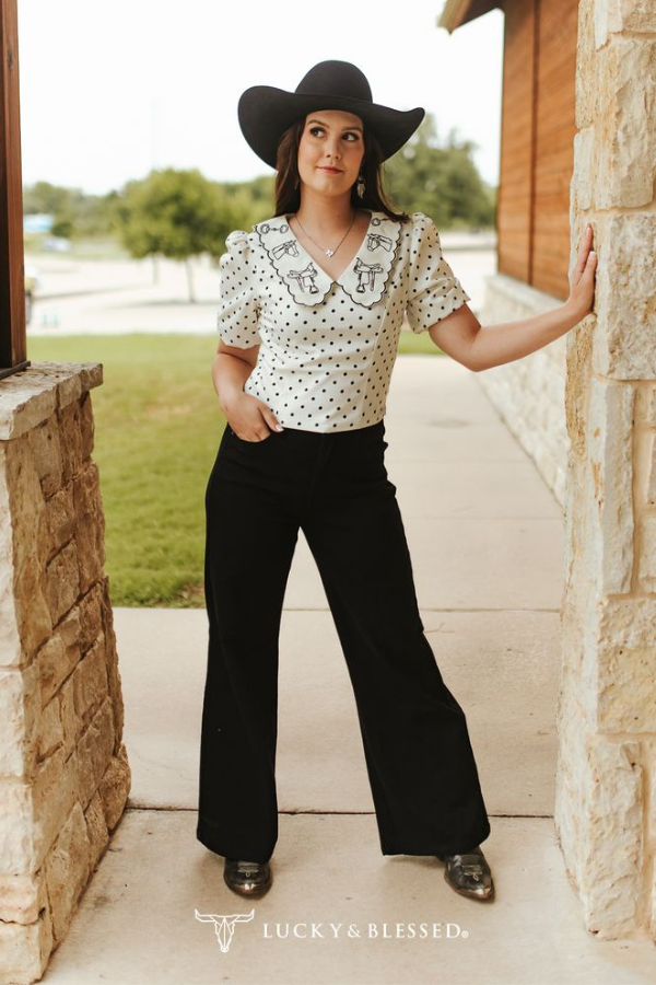 Ivory Polka Dot Puff Sleeve Blouse With Embroidered Collar