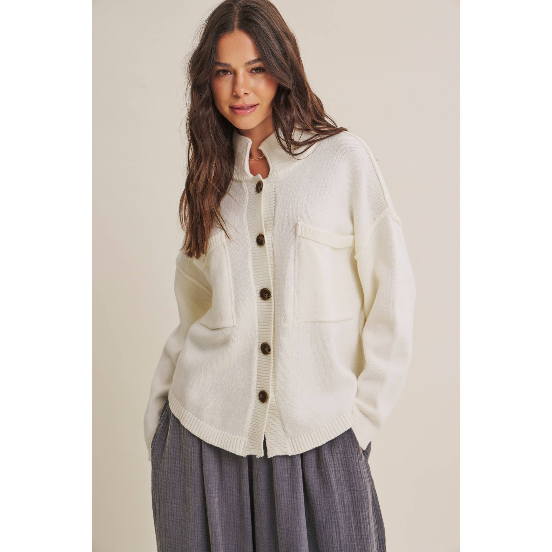 MINIMAL DAY OVERSIZED HIGH NECK SWEATER JACKET WITH POCKETS