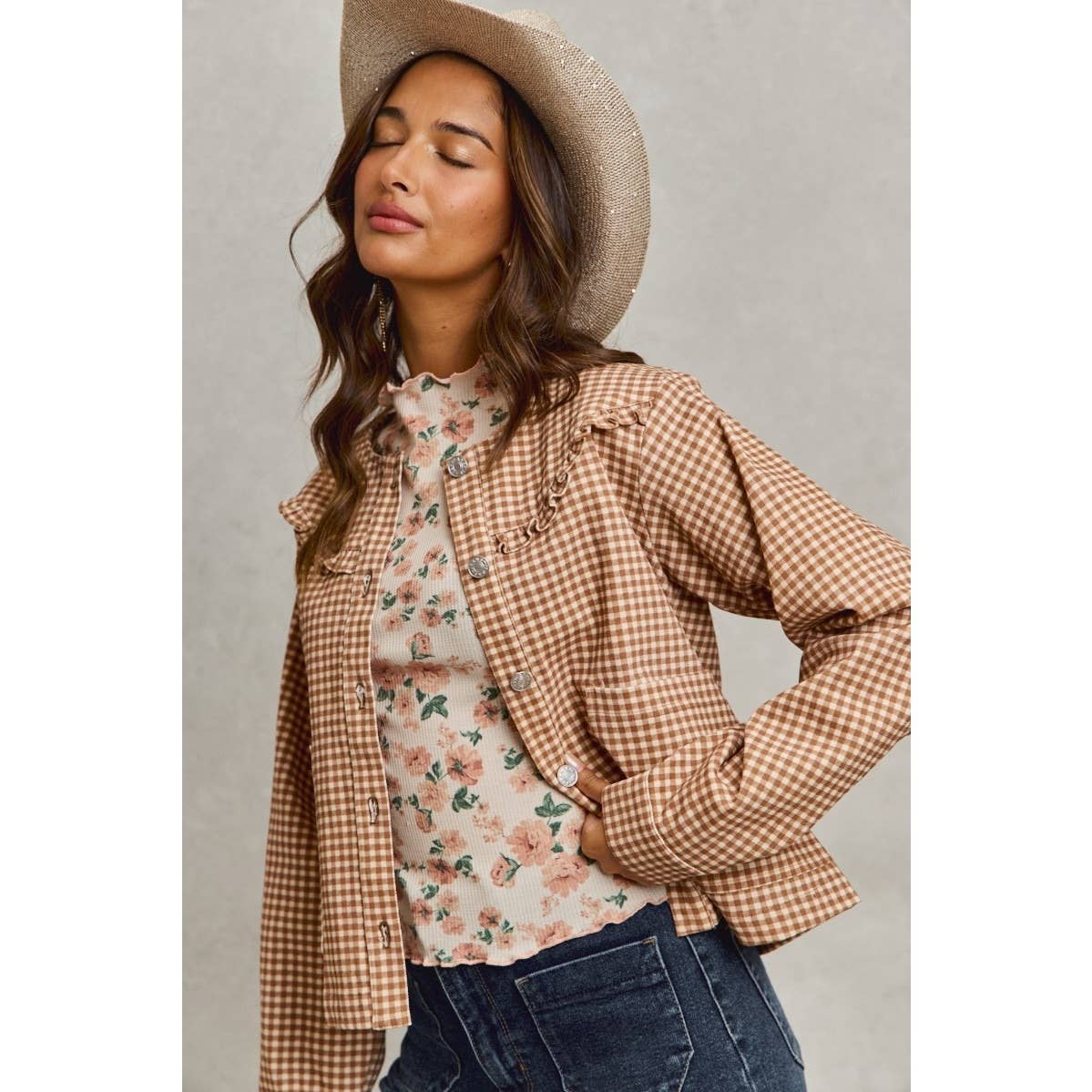 Mini Checkered Button Down Ruffled Jacket