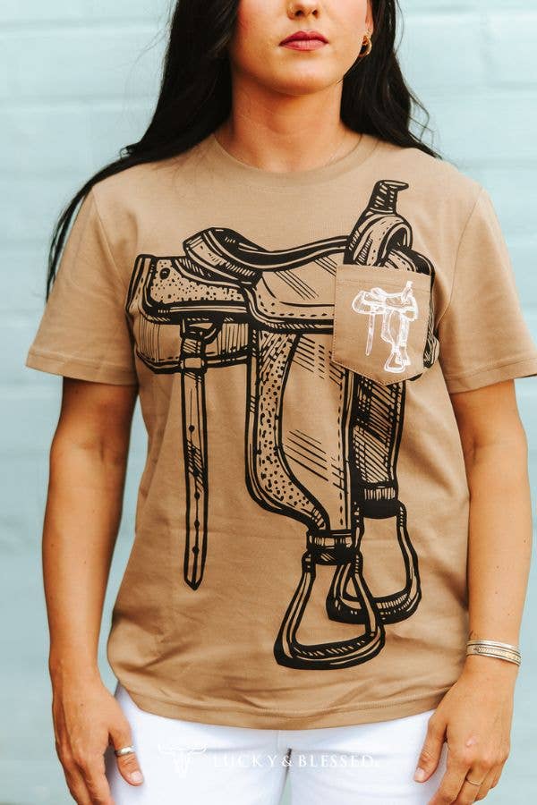 Camel Western Saddle Printed Pocket Short Sleeve Top