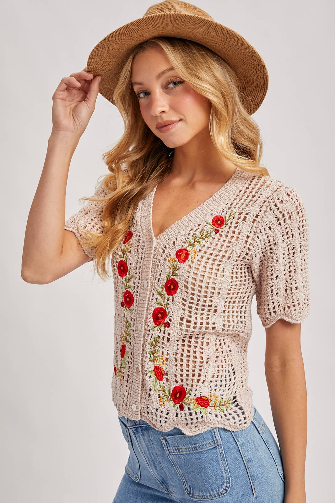 FLORAL EMBROIDERED BUTTON DOWN KNIT TOP