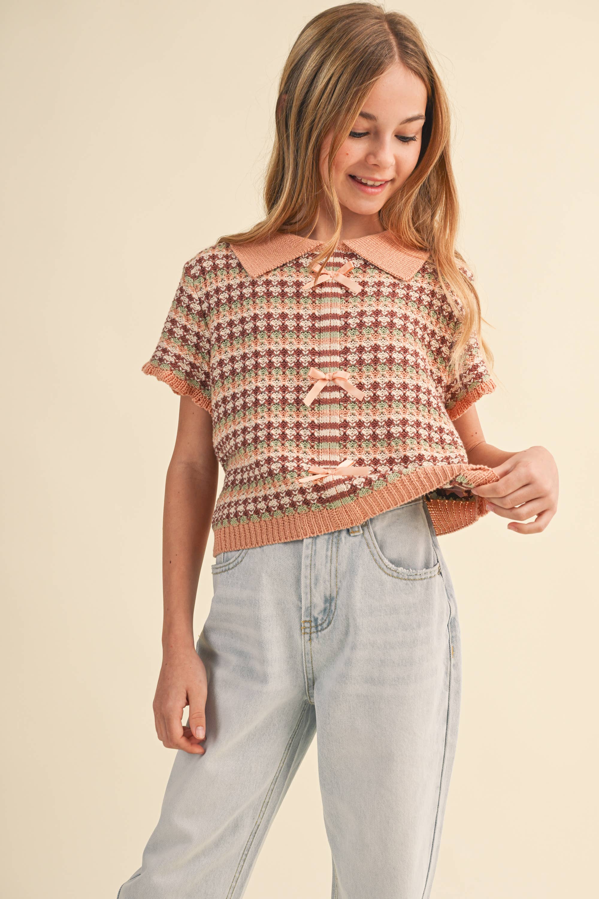 TWEEN KIDS GIRLS COLLARED CROP KNIT TOP (7-14)