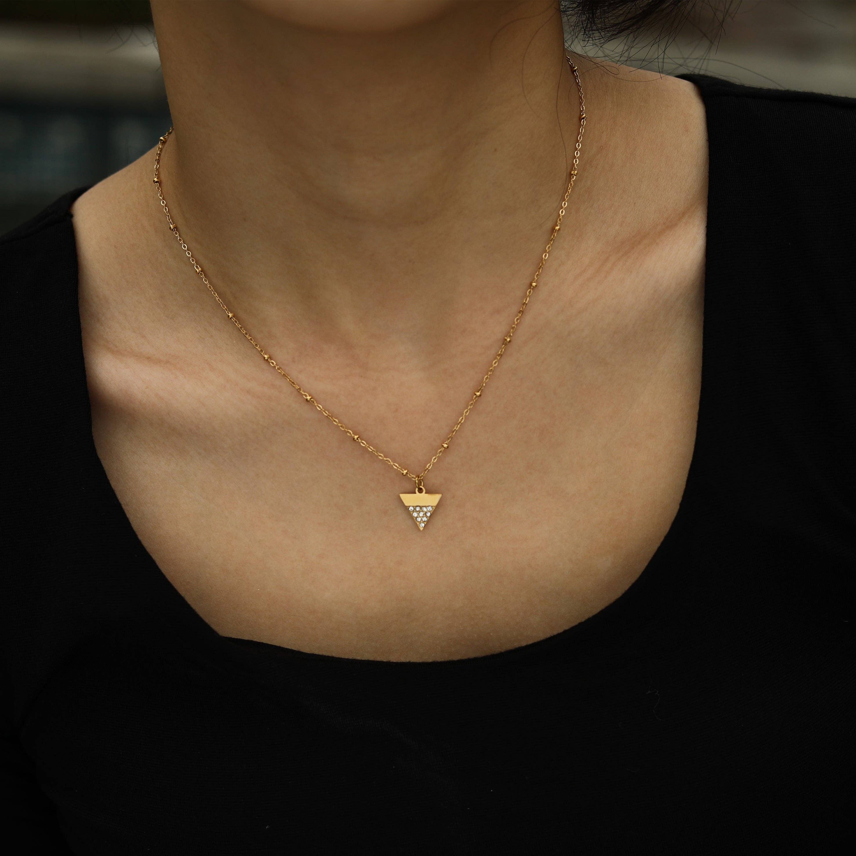 Beaded Chain Necklace with  Zirconia Pavé Triangle Pendant in Gold