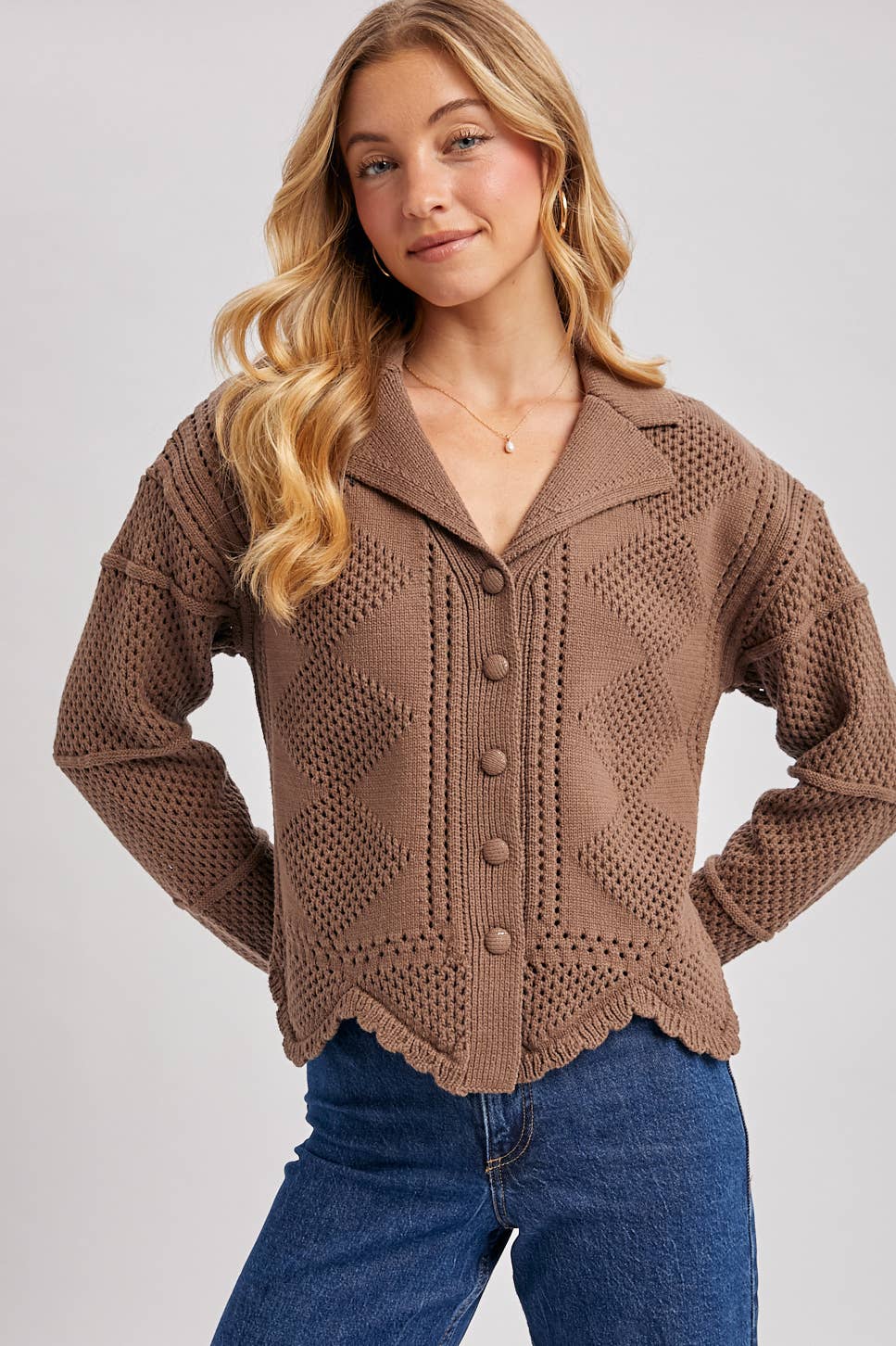 BUTTON DOWN SCALLOPED HEM CROCHET KNIT CARDIGAN