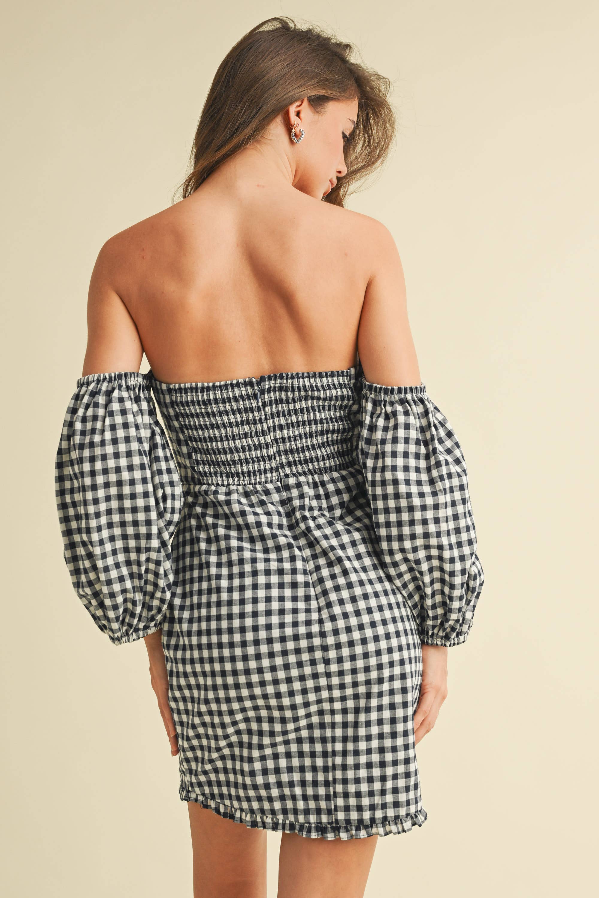 GINGHAM OFF THE SHOULDER PUFF SLEEVE MINI DRESS
