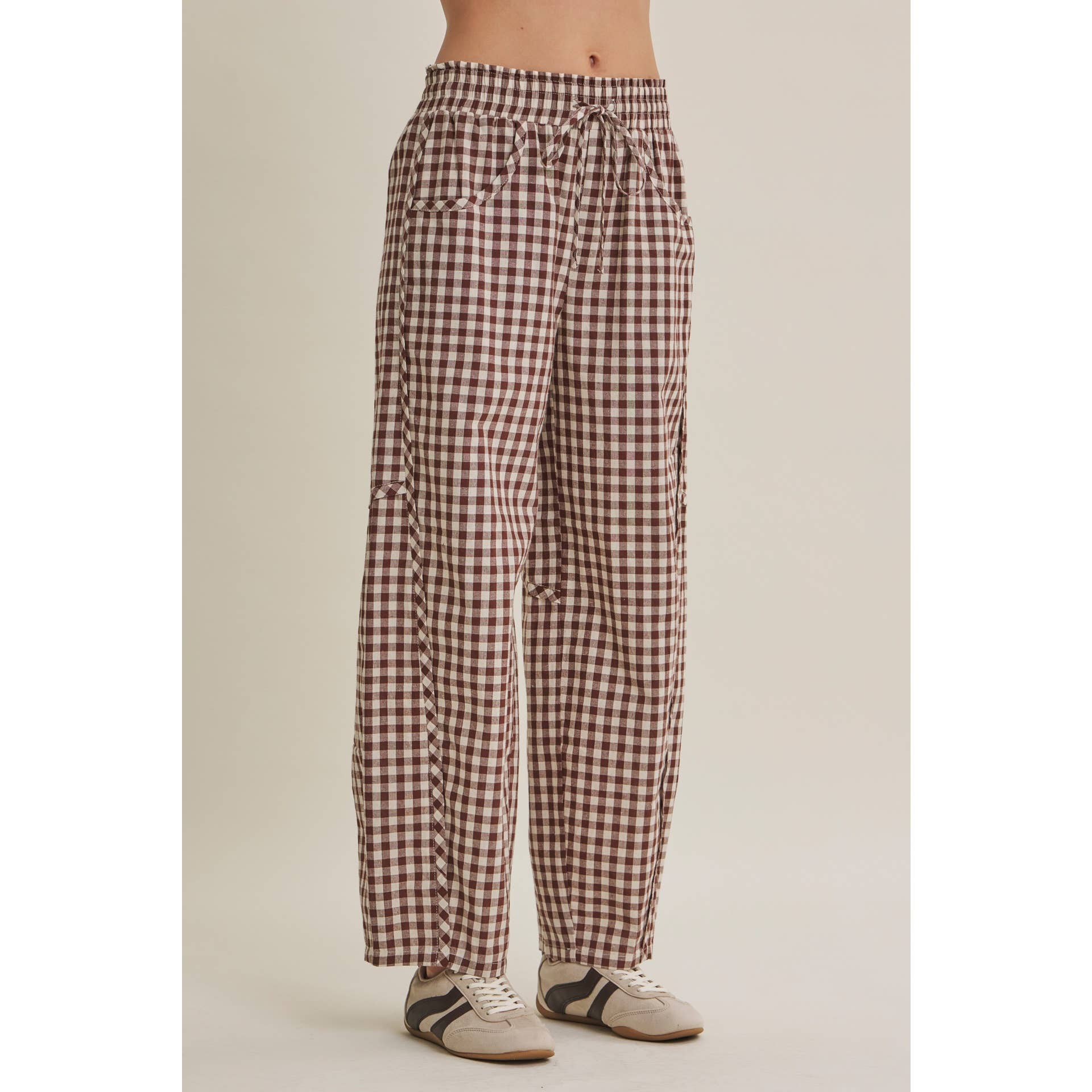 GINGHAM COTTON BARREL PANTS
