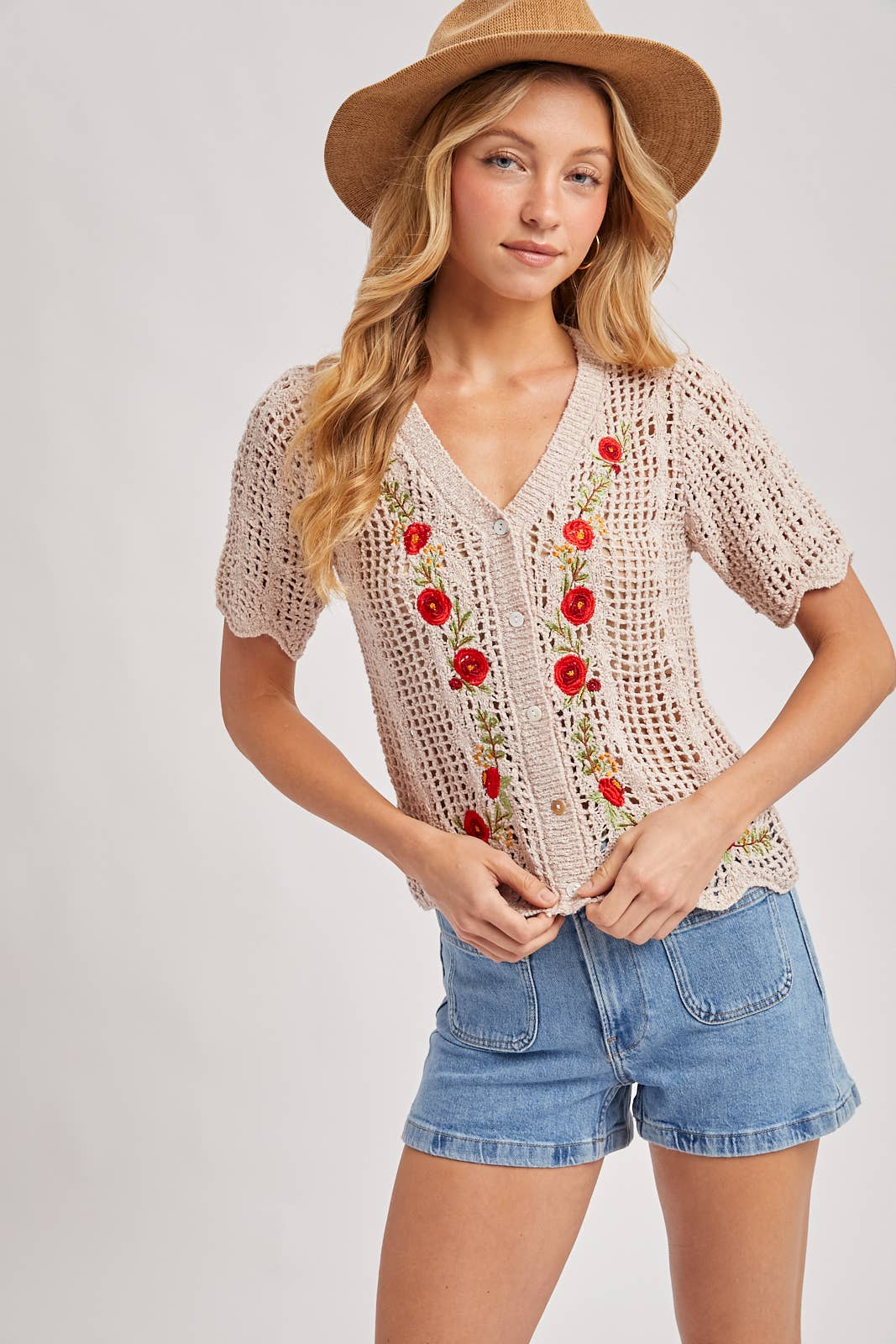 FLORAL EMBROIDERED BUTTON DOWN KNIT TOP