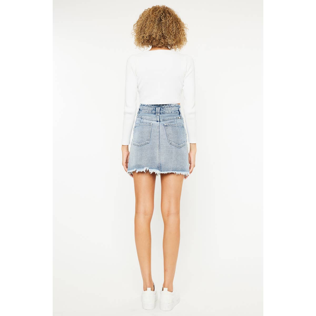 HIGH RISE FRAYED HEM DENIM SKIRT