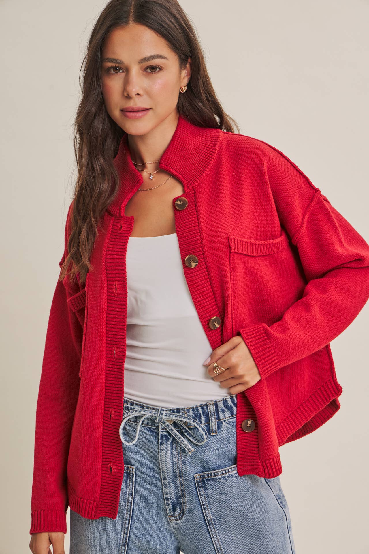 MINIMAL DAY OVERSIZED HIGH NECK SWEATER JACKET WITH POCKETS