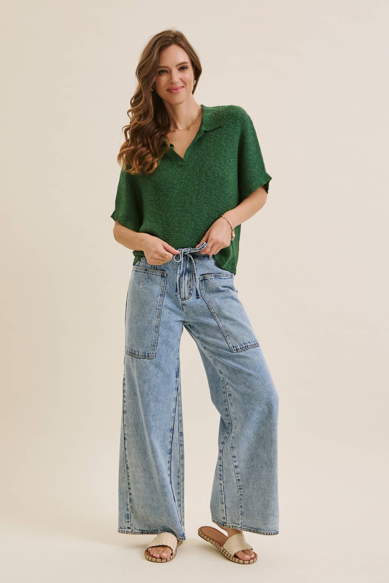 EASE AND GRACE DENIM WASHED OVERSIZED WIDE-LEG JEANS