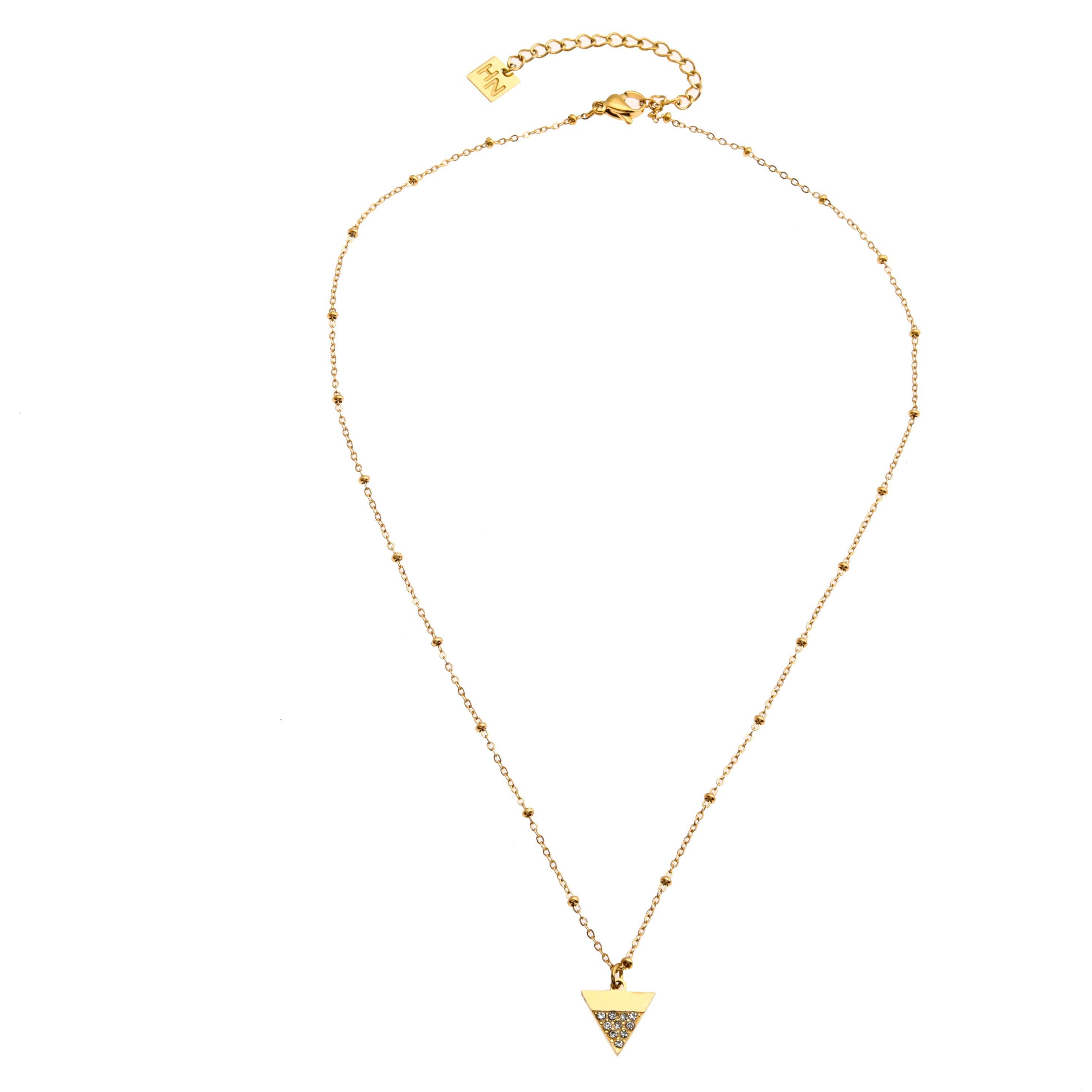 Beaded Chain Necklace with  Zirconia Pavé Triangle Pendant in Gold