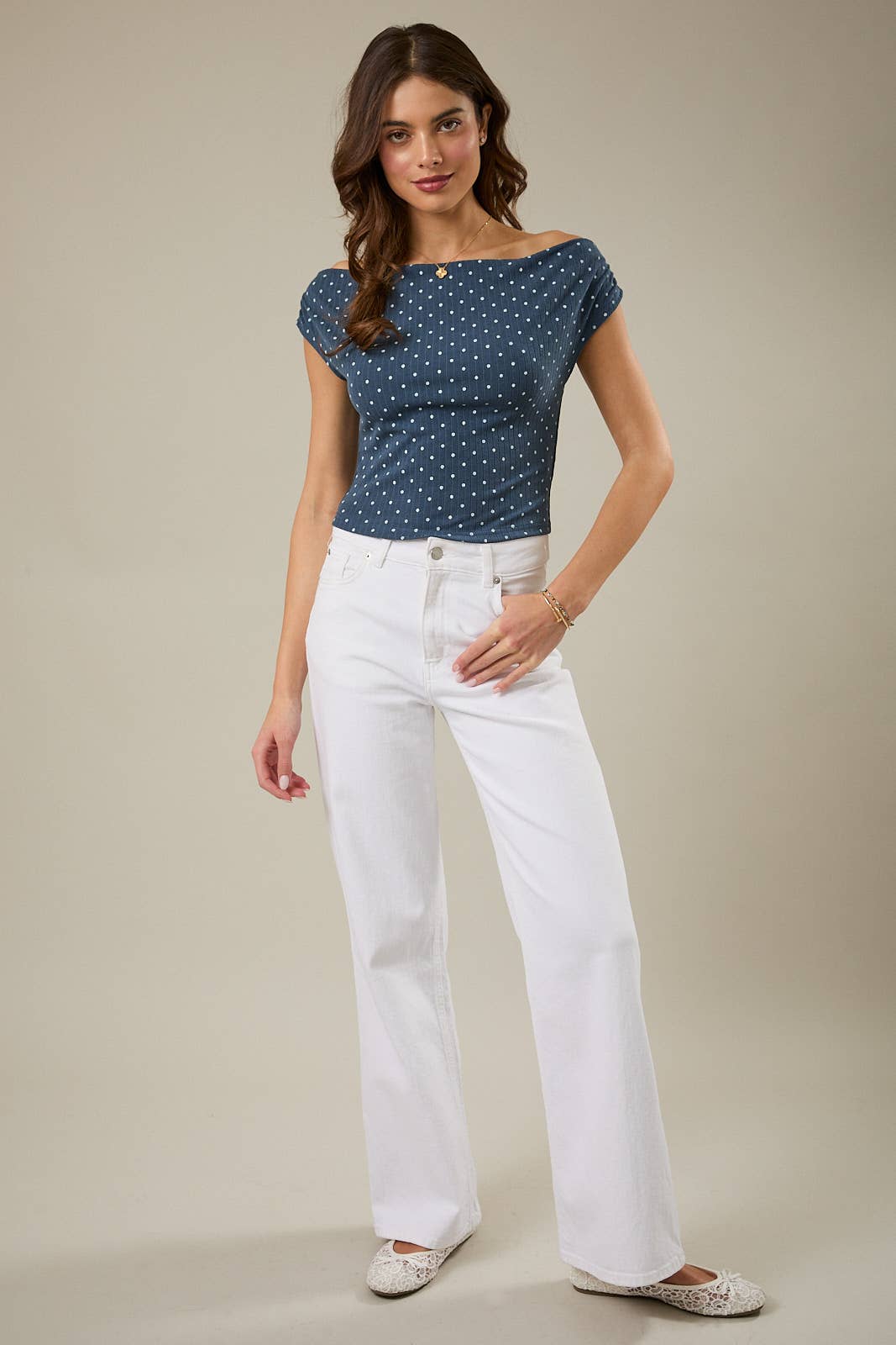 SLOUCHY SHOULDER SLEEVELESS POLKA DOT RIB TOP