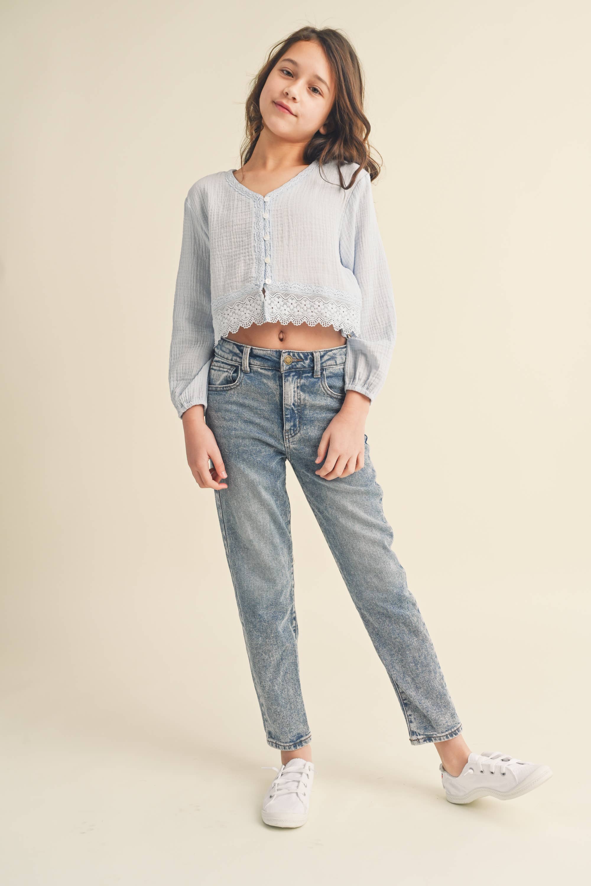 TWEEN KIDS GIRLS LONG SLEEVE BUTTON DOWN CROPPED TOP (7-14)