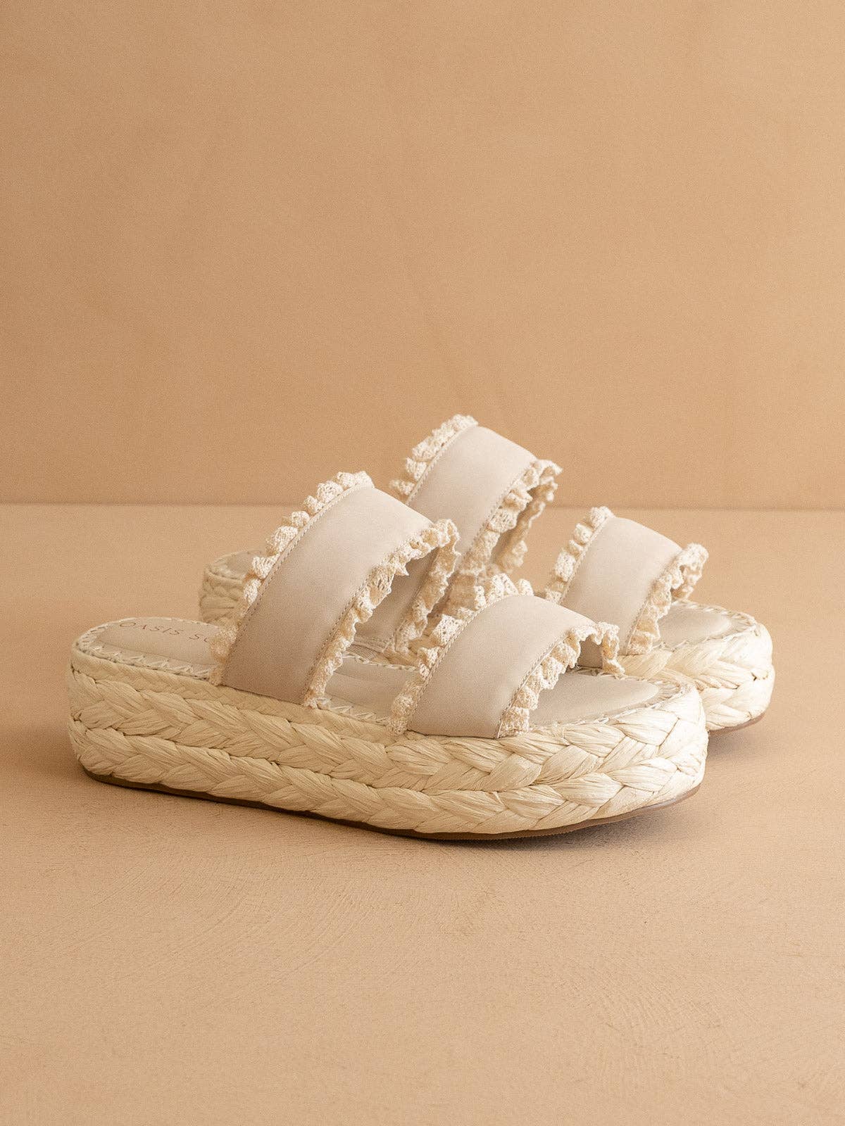 The Polly | Cream Ruffle Strap Raffia Platform Slide Sandal