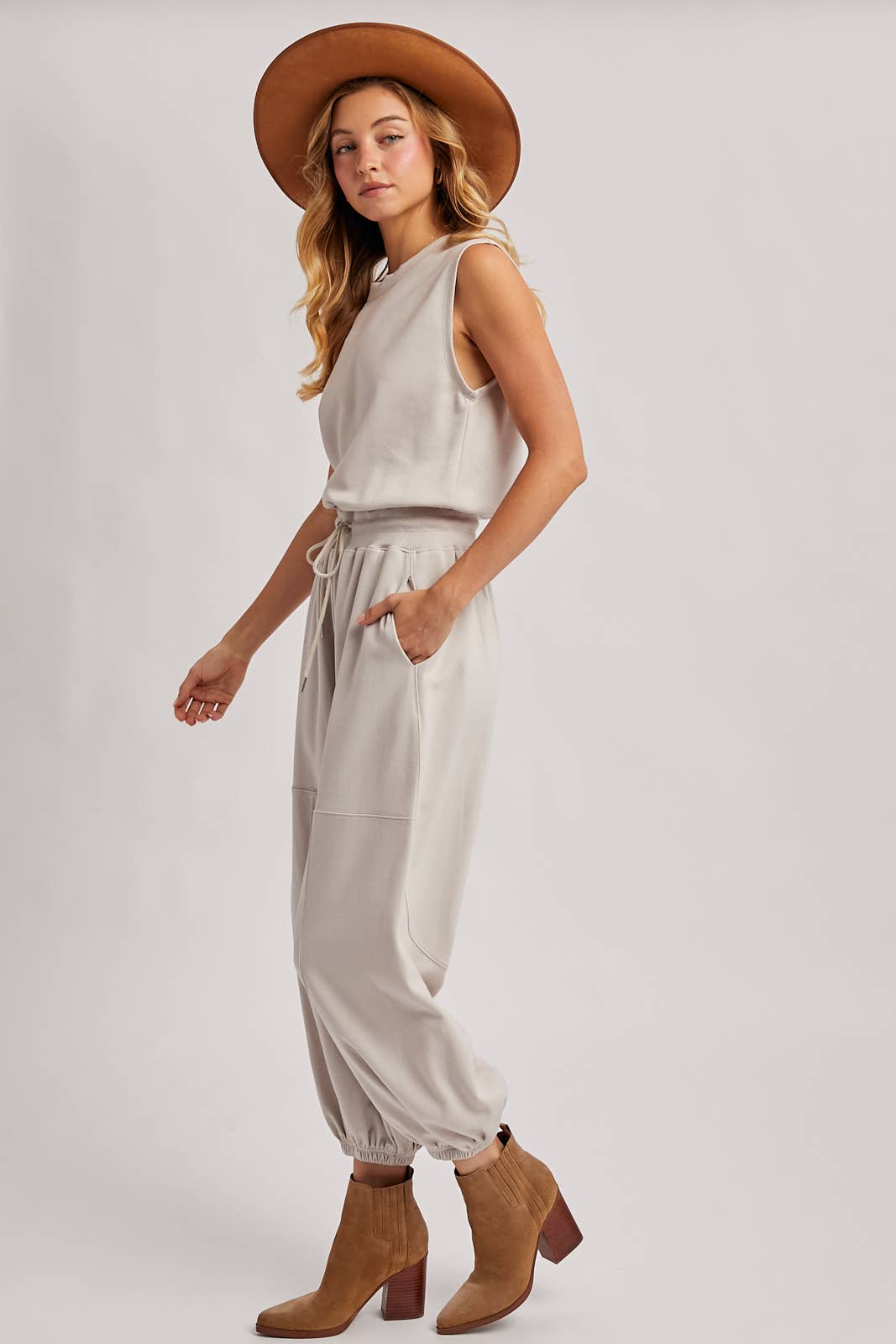 DRAWSTRING WAIST SLEEVELESS KNIT ACTIVE JUMPSUIT