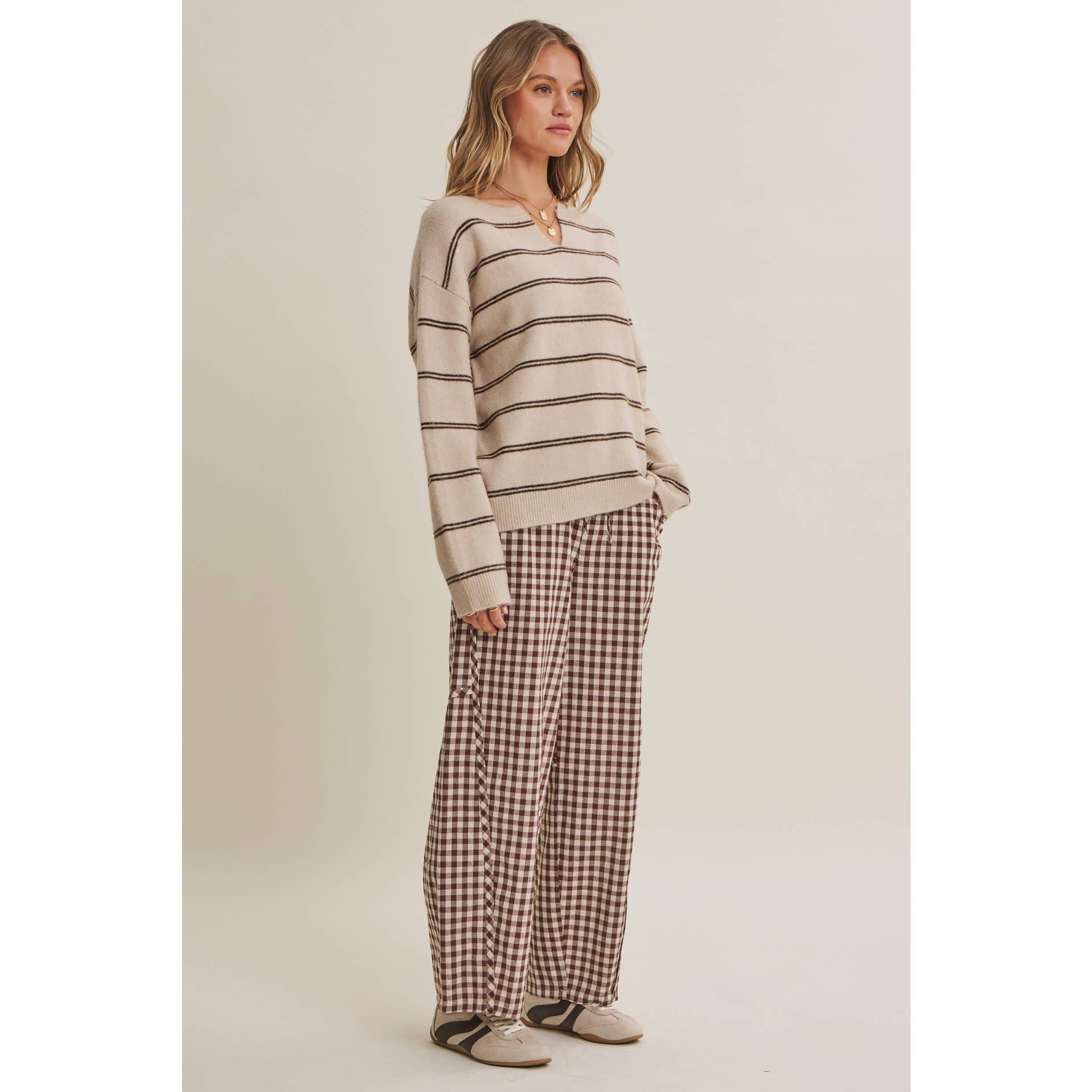 GINGHAM COTTON BARREL PANTS