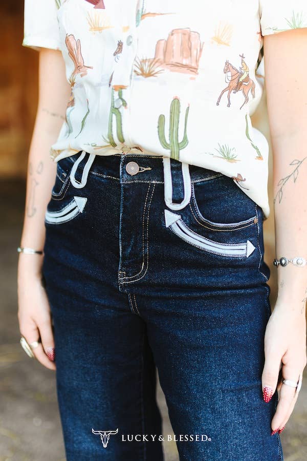 Dark Wash Stretch Denim Western Wide Leg Jeans (32in)