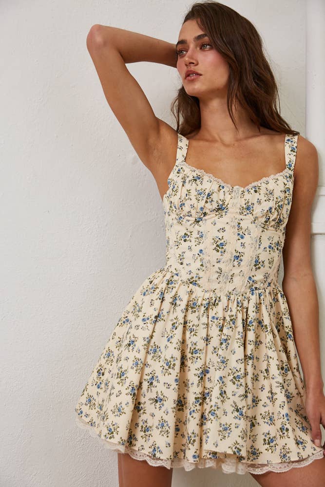 Floral Cotton Corset Lace Ruffle Mini Dress
