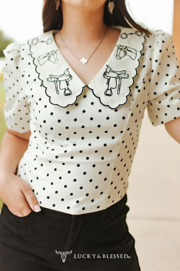 Ivory Polka Dot Puff Sleeve Blouse With Embroidered Collar