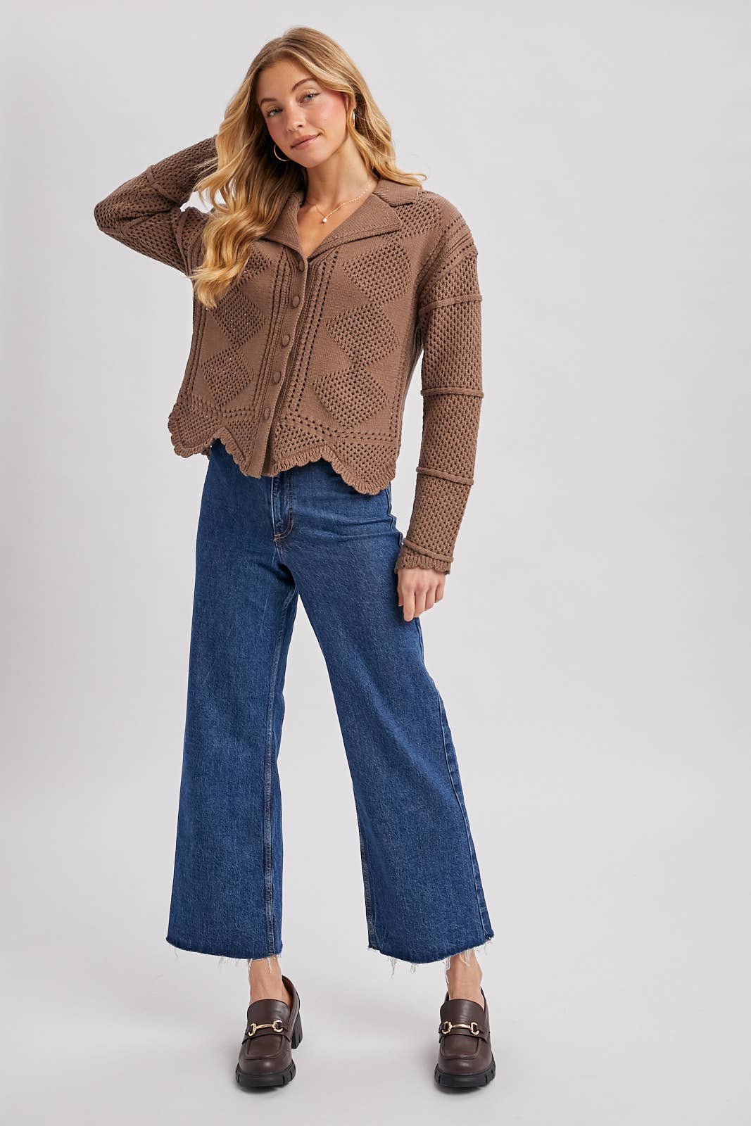 BUTTON DOWN SCALLOPED HEM CROCHET KNIT CARDIGAN