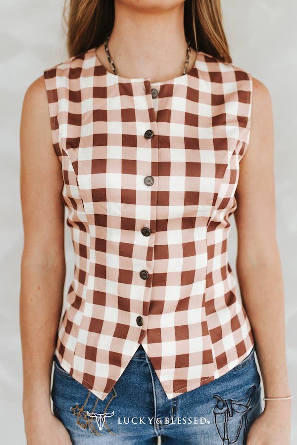 Gingham Western Pearl Snap Button Down Vest