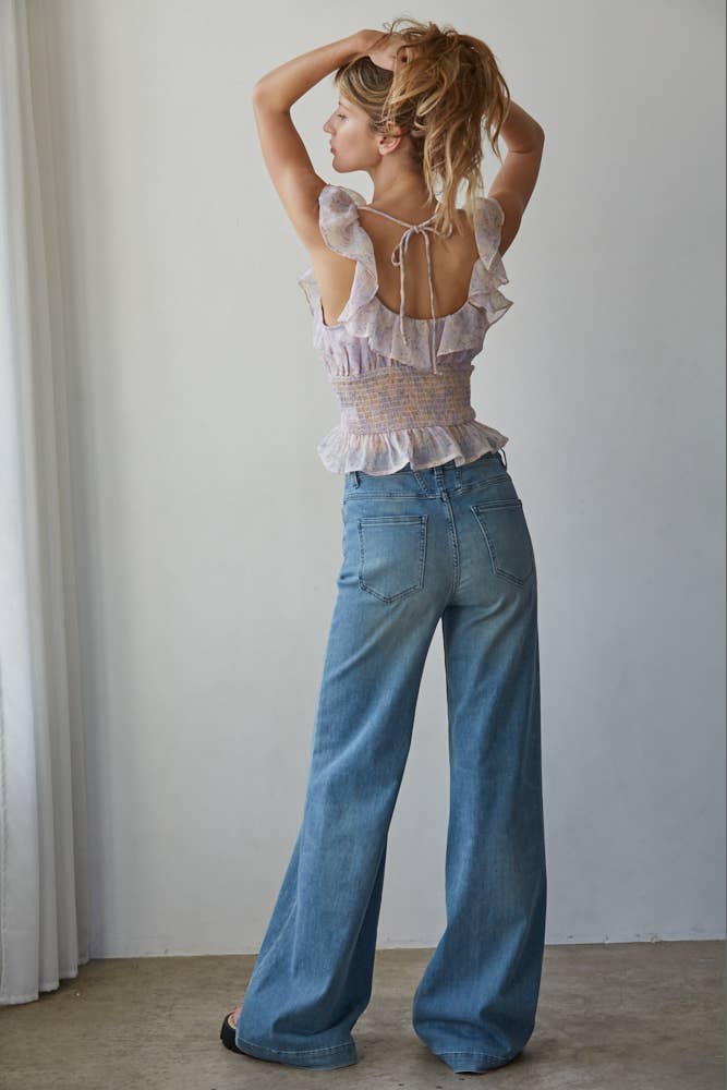 Woven Polyester Chiffon Floral Print Smocked Top