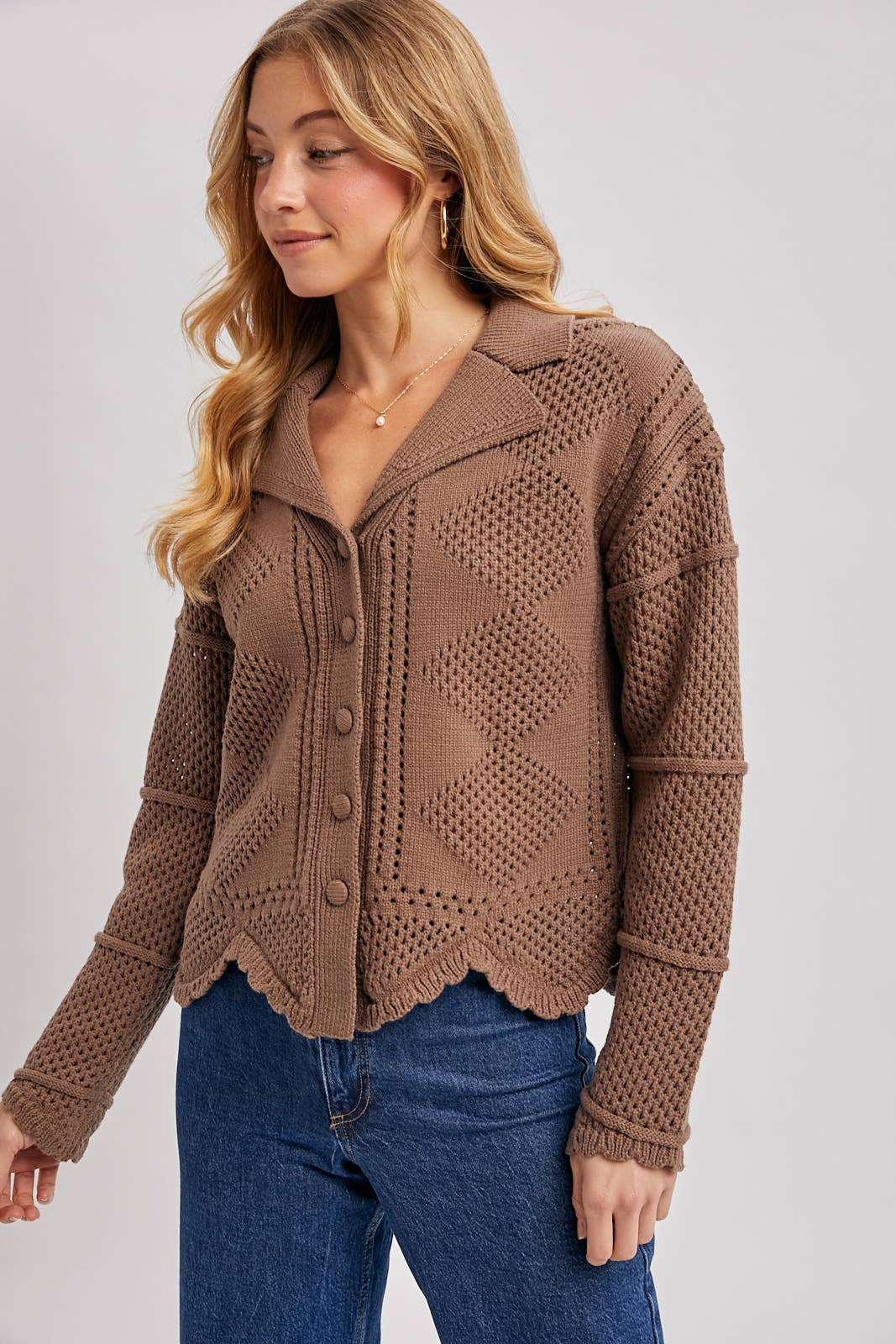 BUTTON DOWN SCALLOPED HEM CROCHET KNIT CARDIGAN
