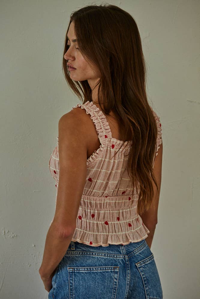 Woven Linen Cotton Striped Heart Embroidered Top