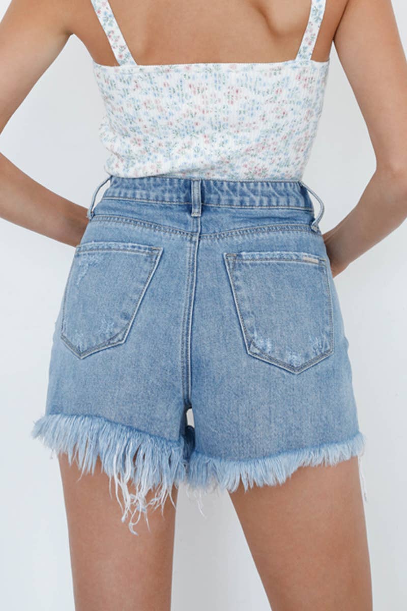 High Rise Ripped Frayed Hem Denim Shorts