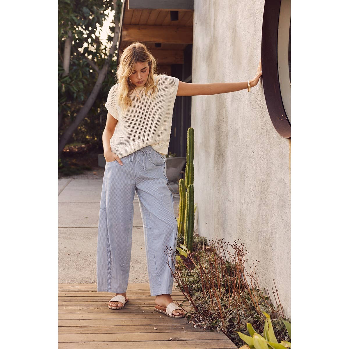 ALL ABOUT COMFORT ELASTIC STRIPE COTTON BARREL PANTS