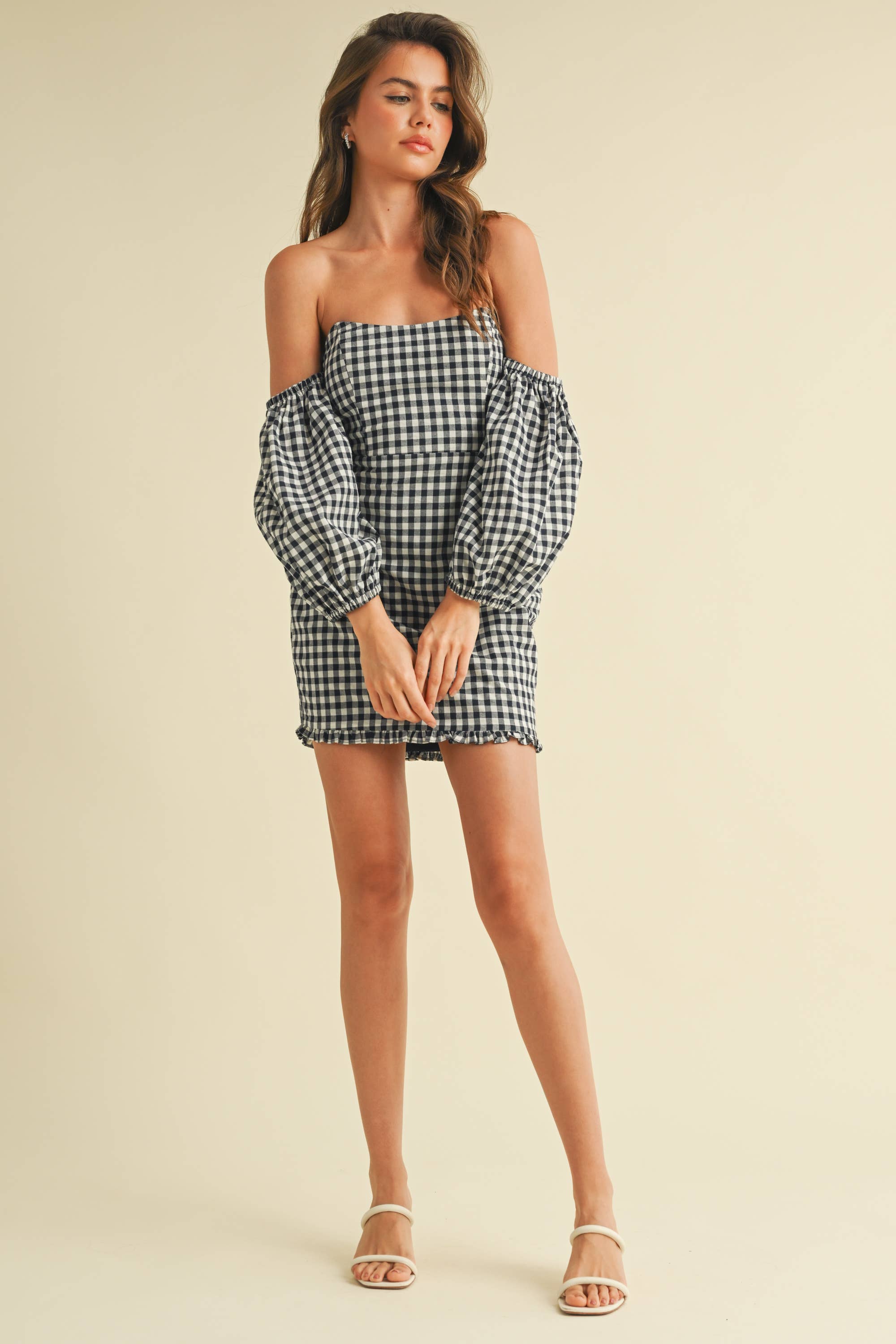 GINGHAM OFF THE SHOULDER PUFF SLEEVE MINI DRESS