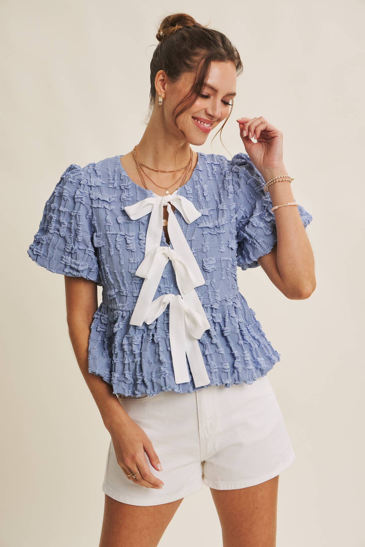 ORIGINAL BESTSELLER BUBBLE BABYDOLL BLOUSE WITH CONTRAST BOW