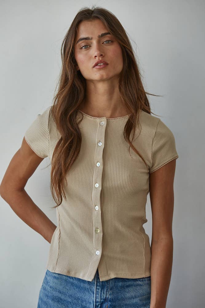 Knit Ribbed Buttondown Short Sleeve Cardigan Top