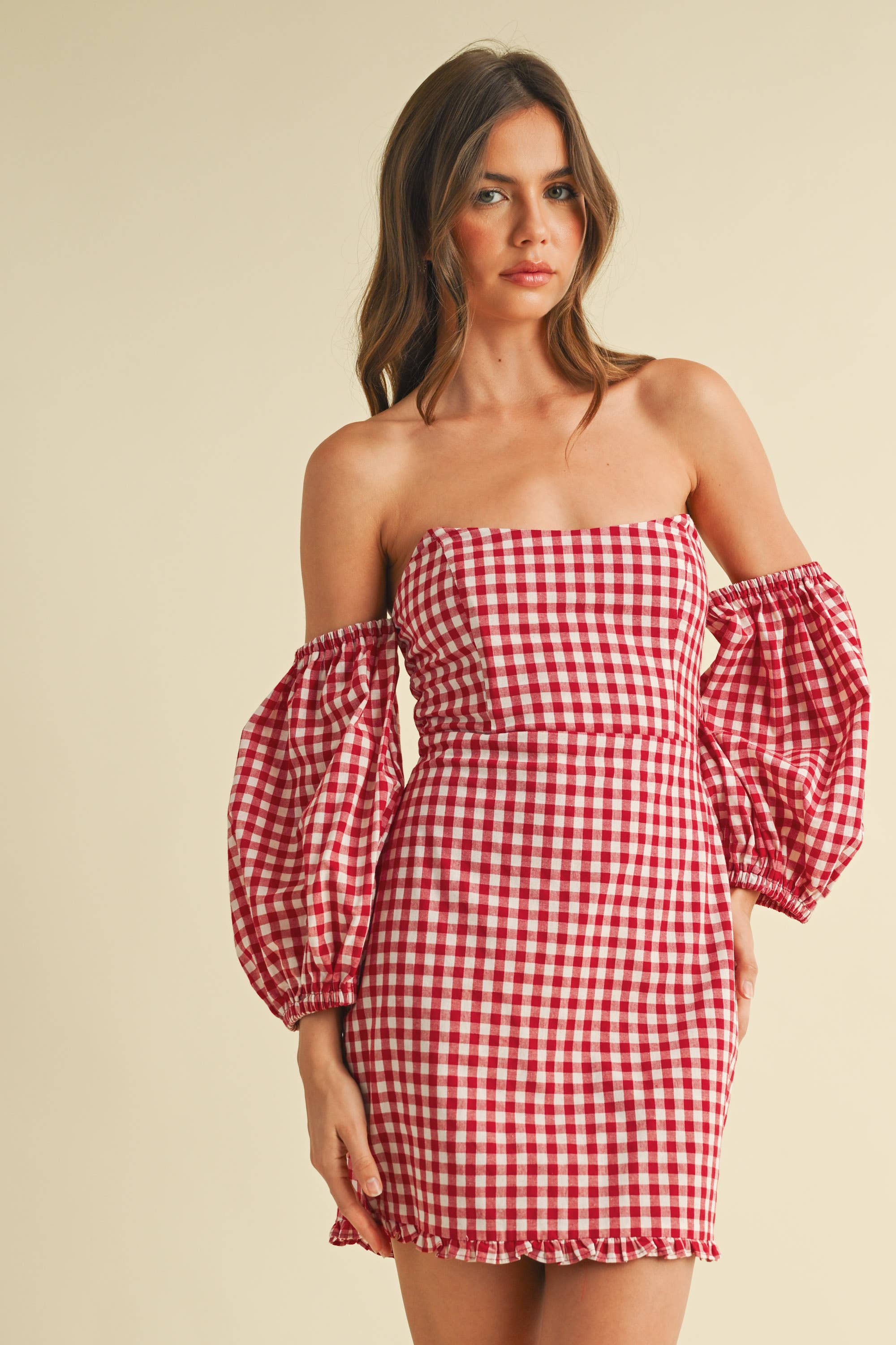 GINGHAM OFF THE SHOULDER PUFF SLEEVE MINI DRESS