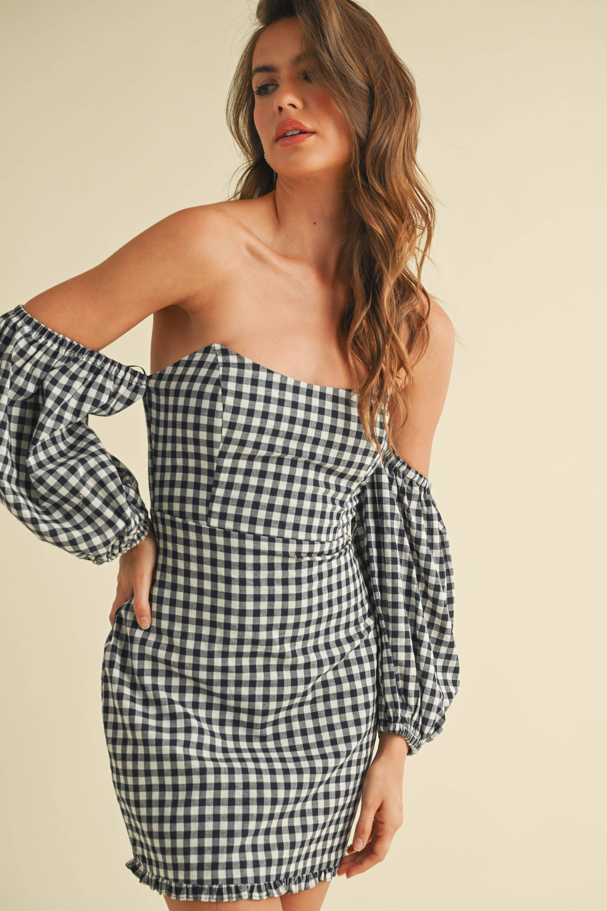 GINGHAM OFF THE SHOULDER PUFF SLEEVE MINI DRESS