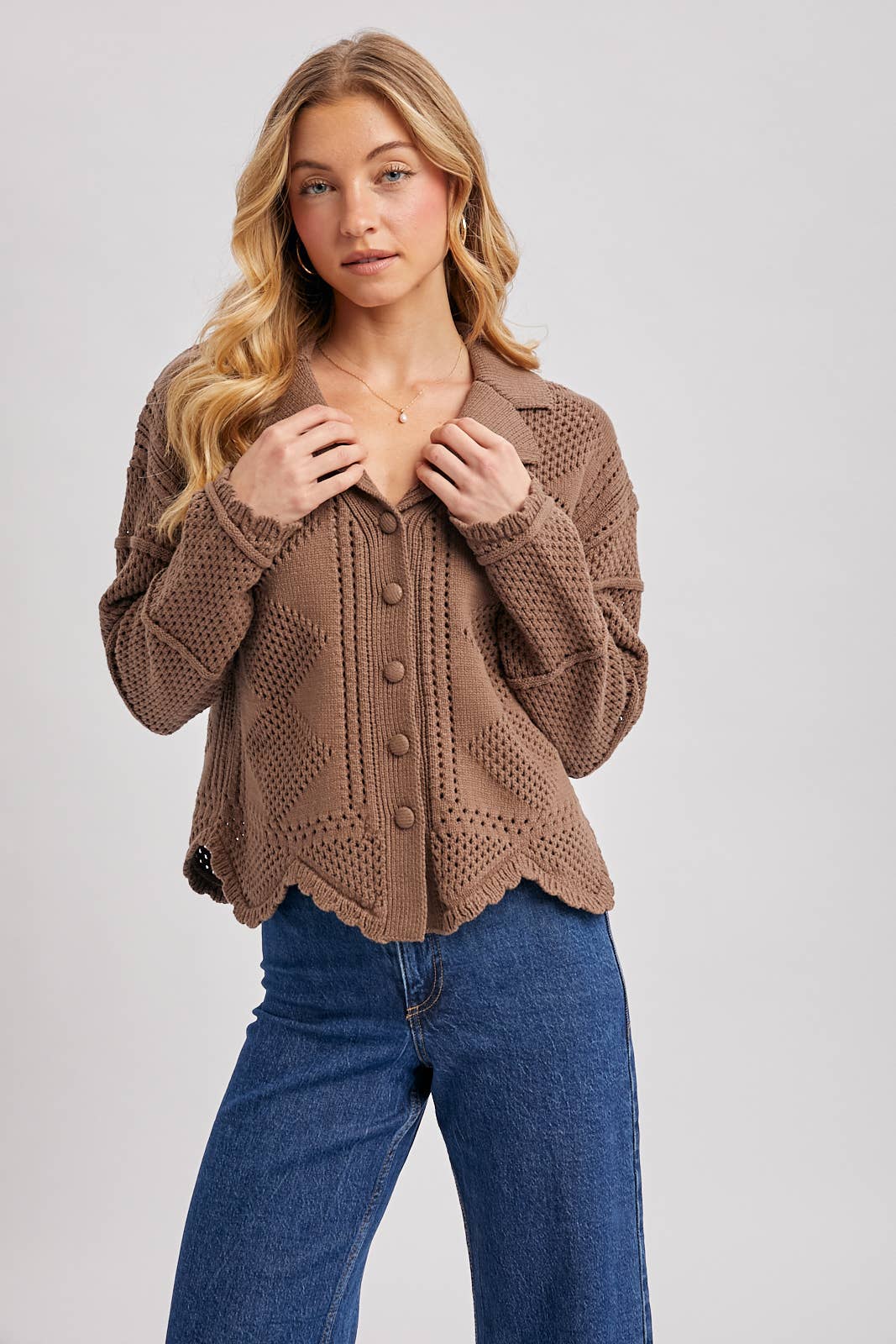 BUTTON DOWN SCALLOPED HEM CROCHET KNIT CARDIGAN