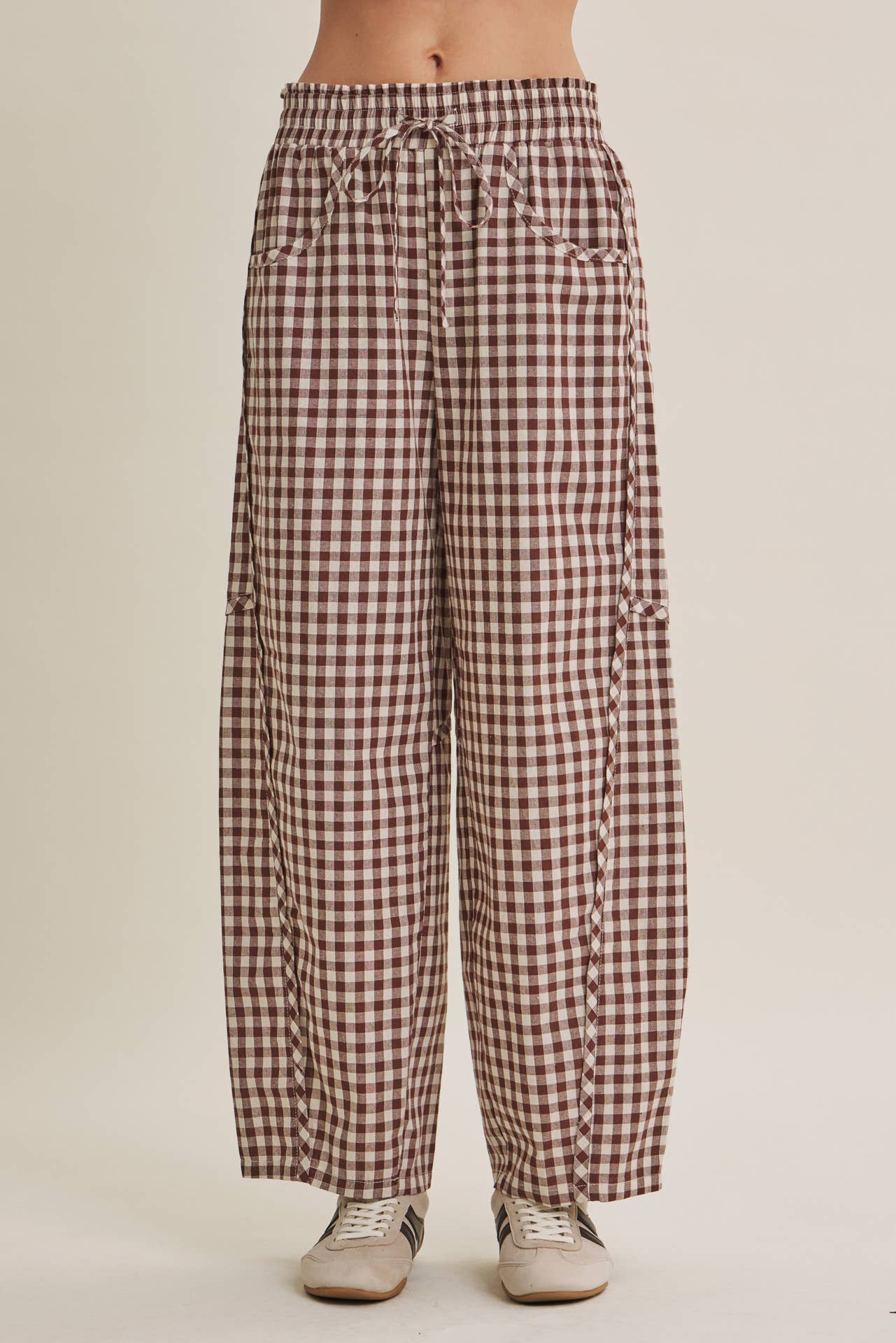 GINGHAM COTTON BARREL PANTS