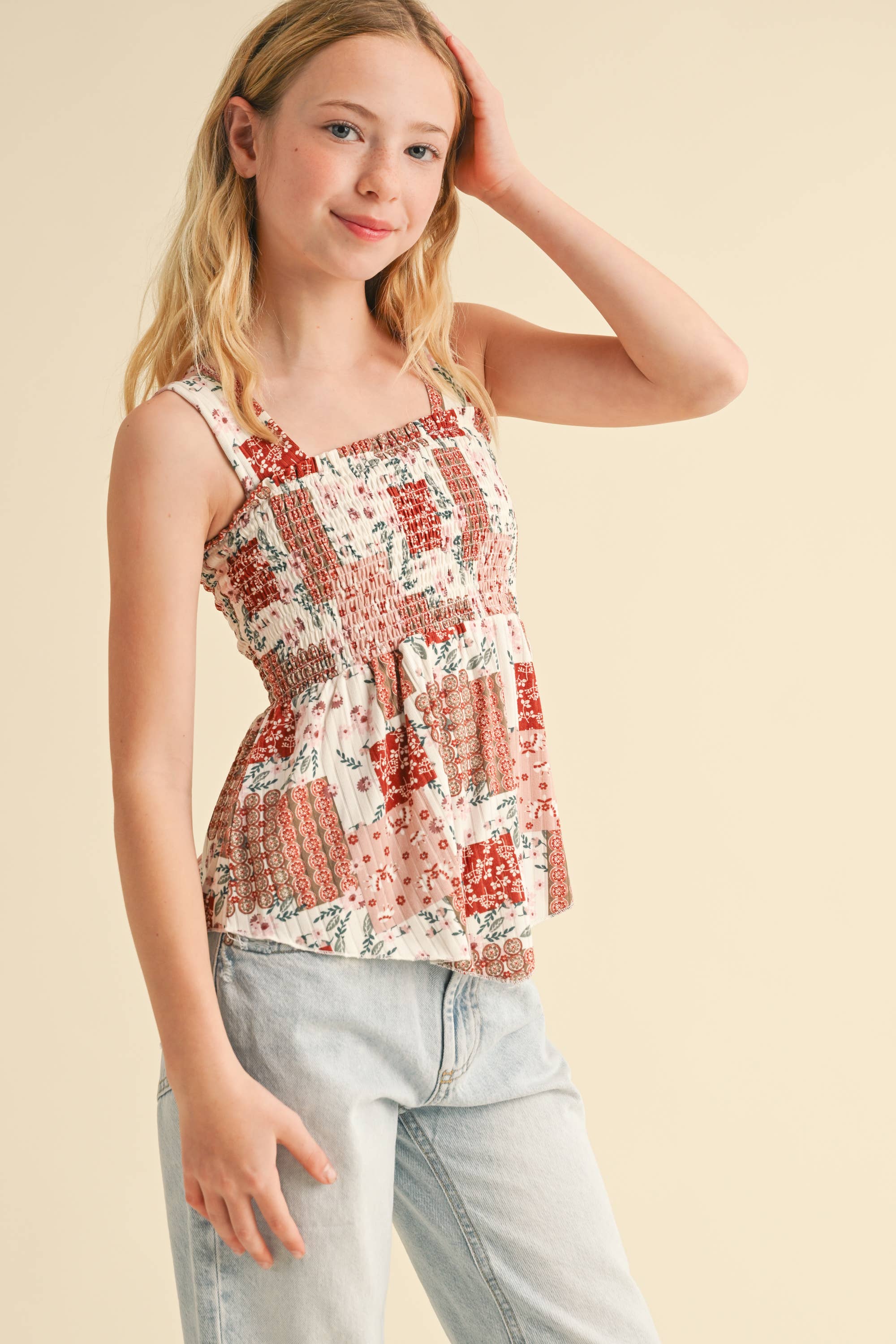 TWEEN GIRLS KIDS WIDE STRAP PEPLUM TANK WITH SMOCKED (XS-XL)
