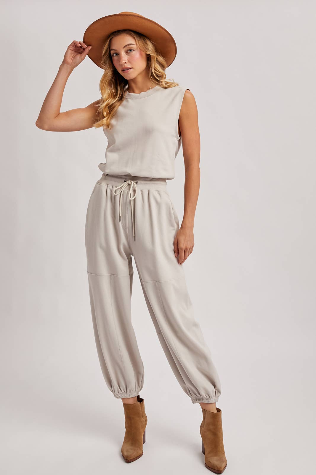 DRAWSTRING WAIST SLEEVELESS KNIT ACTIVE JUMPSUIT