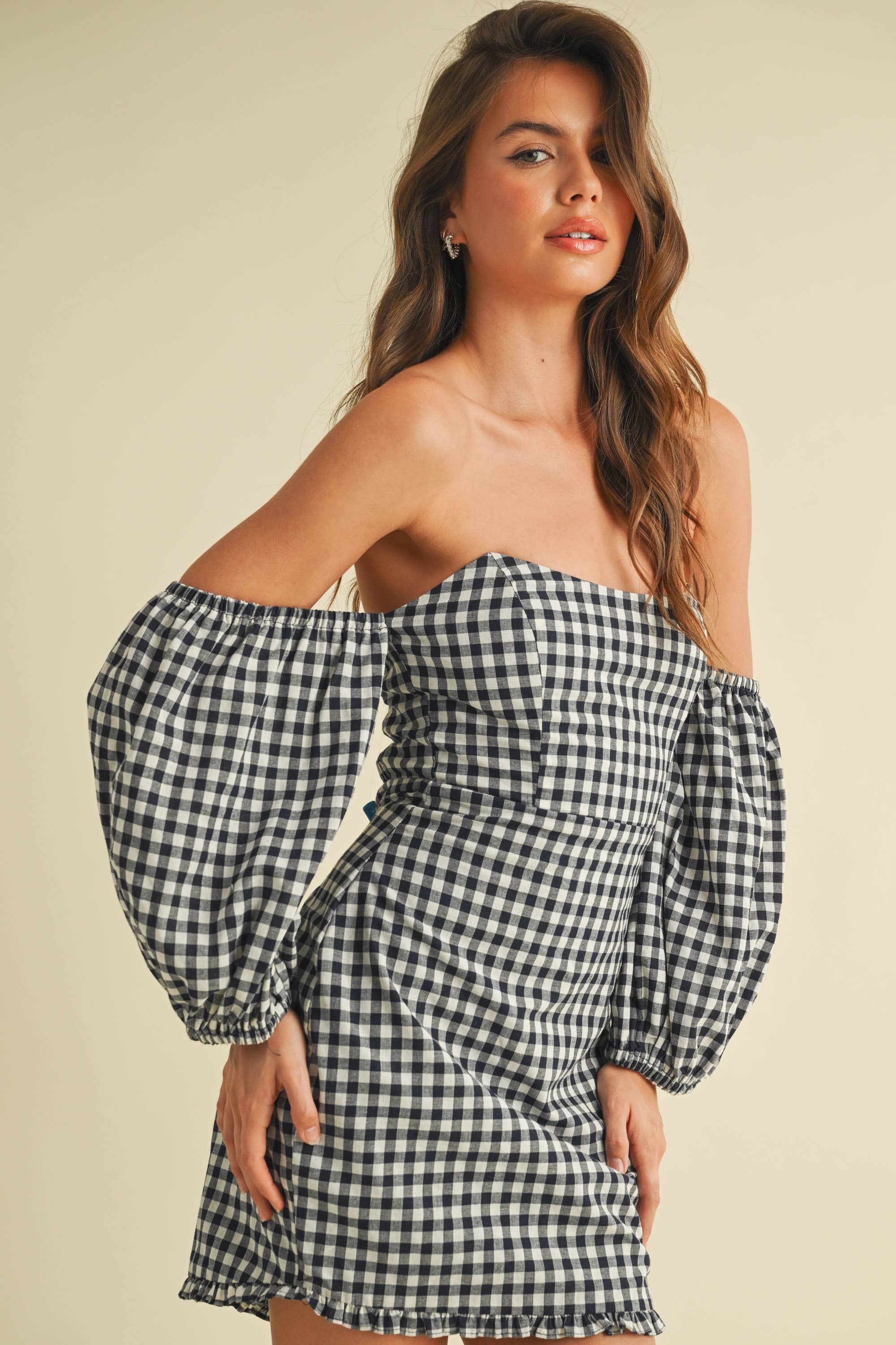 GINGHAM OFF THE SHOULDER PUFF SLEEVE MINI DRESS