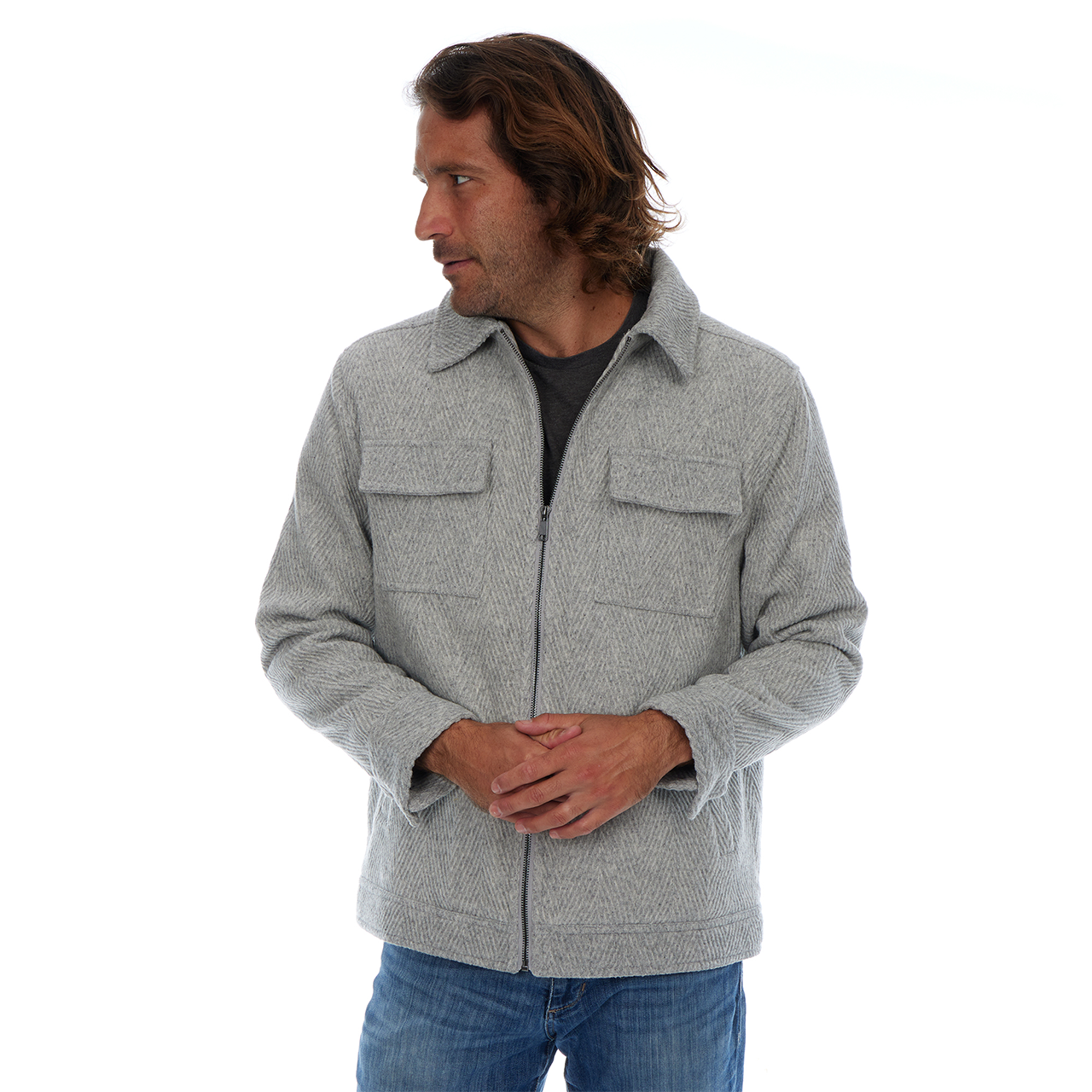 Kane Grey Textured Zip Up Wool Cargo Pocket Jacket