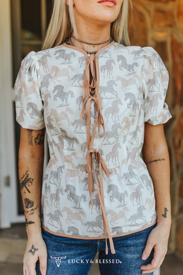 Cream Horse Printed tie Front Puff Sleeve Blouse
