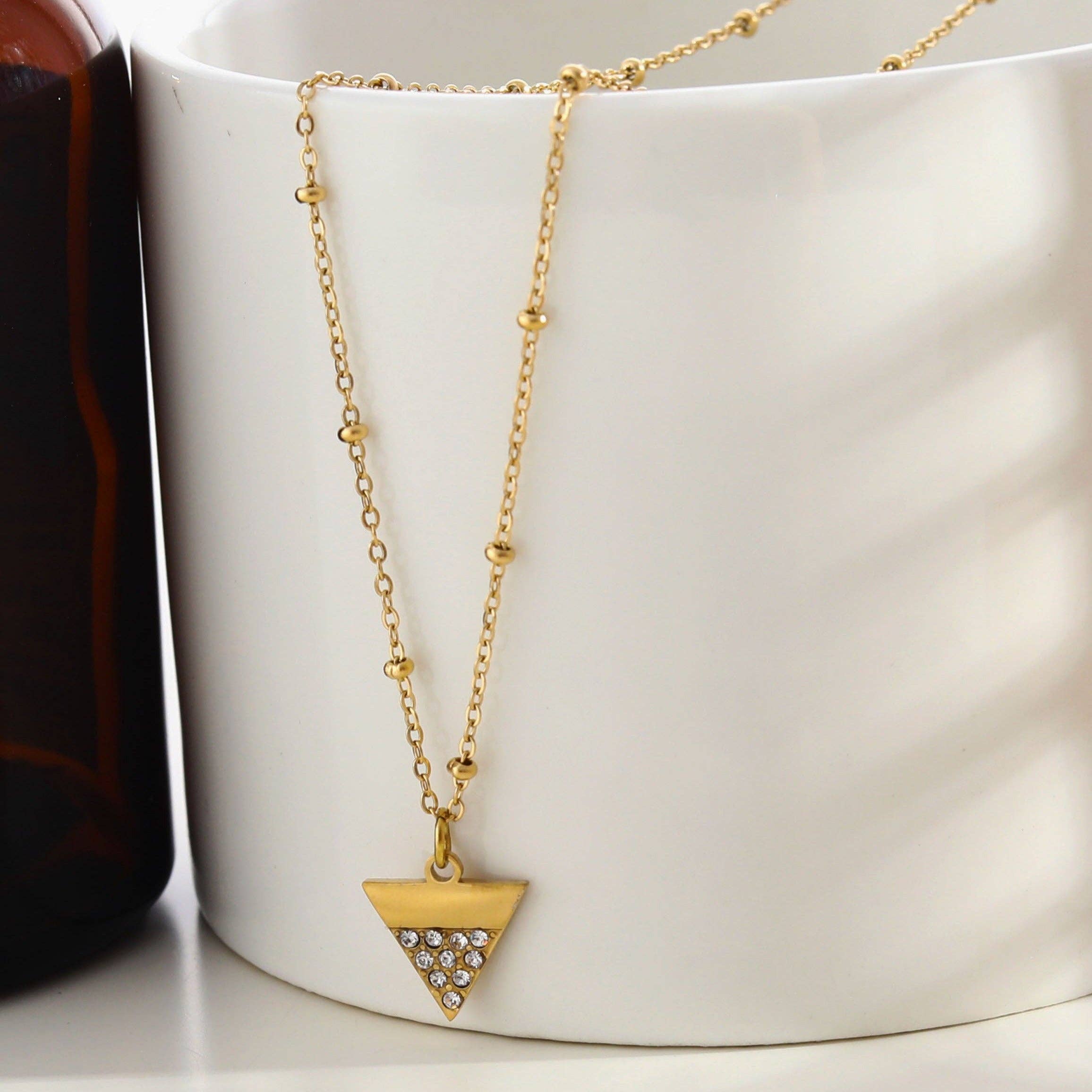 Beaded Chain Necklace with  Zirconia Pavé Triangle Pendant in Gold