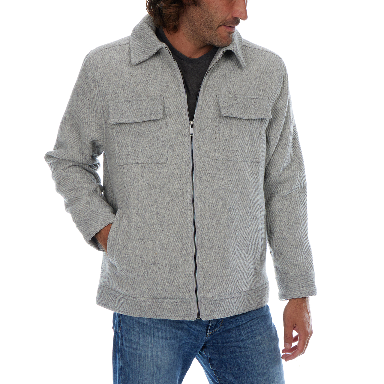 Kane Grey Textured Zip Up Wool Cargo Pocket Jacket