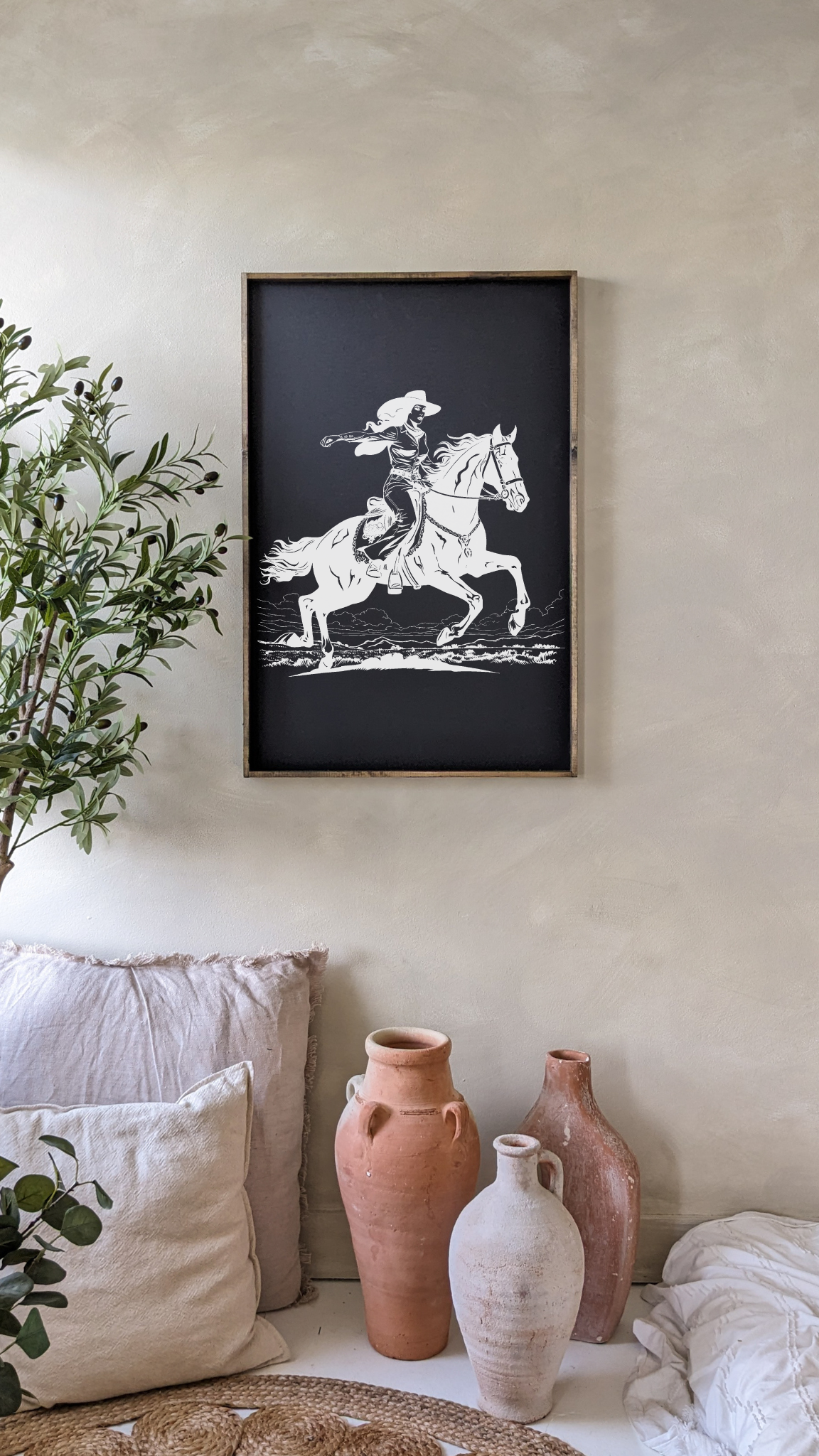 24" x 36" Vintage Cowgirl Framed Print - Handmade Western Wall Art