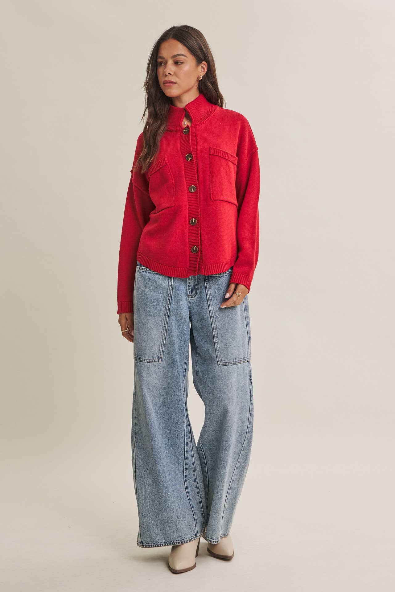 MINIMAL DAY OVERSIZED HIGH NECK SWEATER JACKET WITH POCKETS