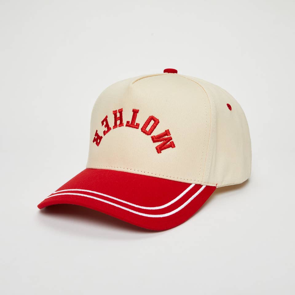 Embroidered Brim Trucker Hat - Mother (Upside Down) - Red