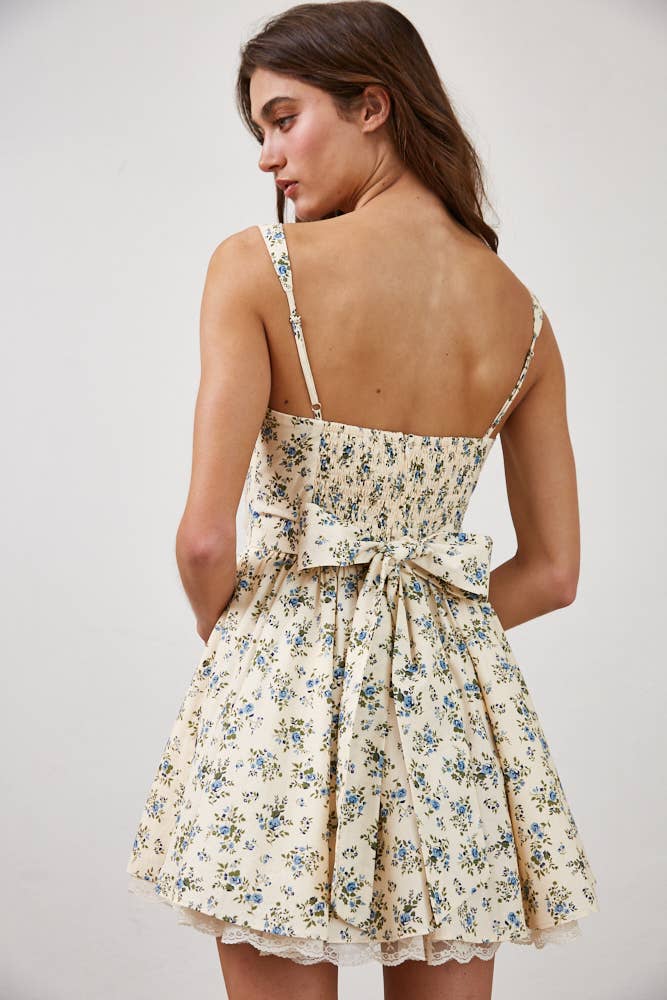 Floral Cotton Corset Lace Ruffle Mini Dress