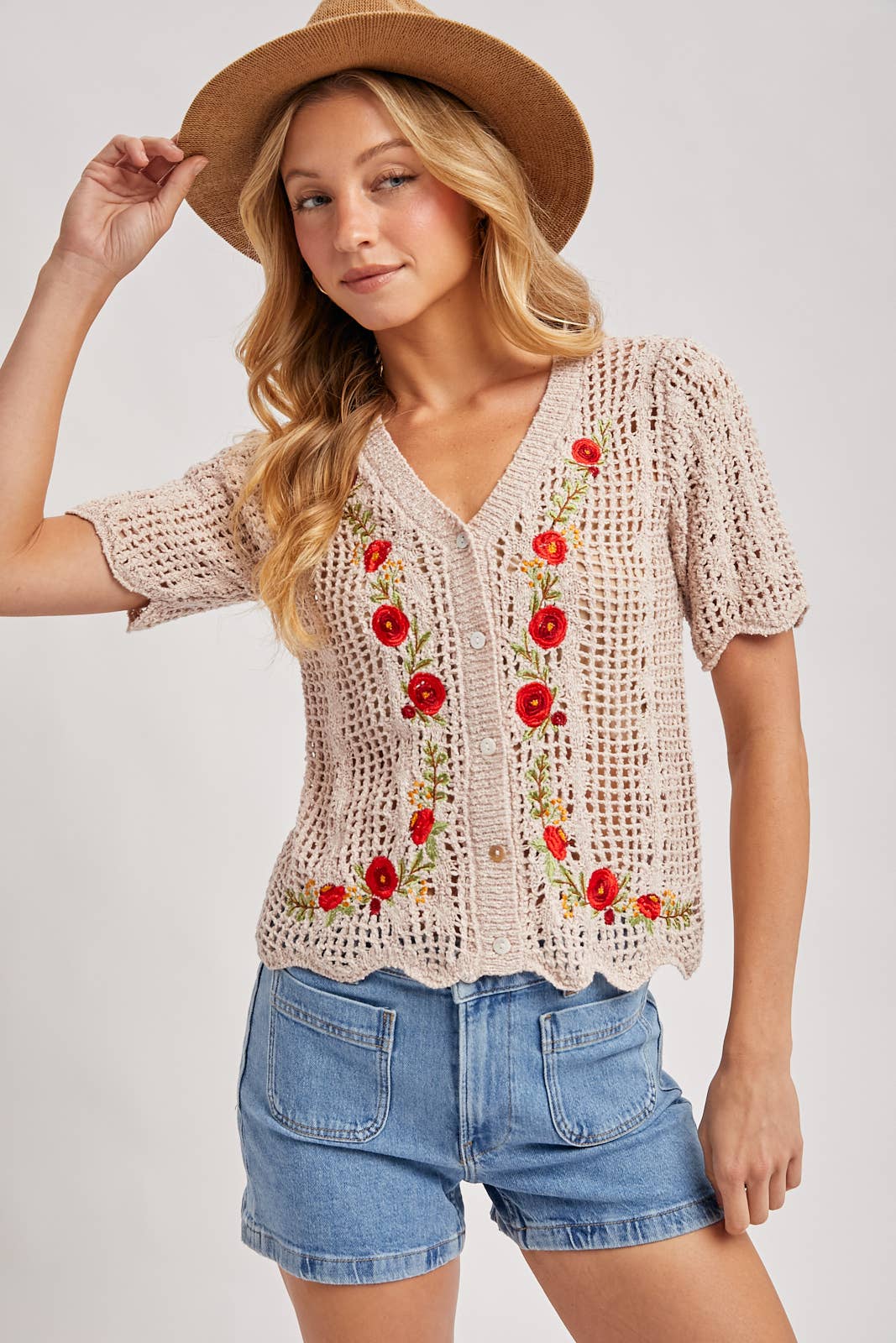 FLORAL EMBROIDERED BUTTON DOWN KNIT TOP