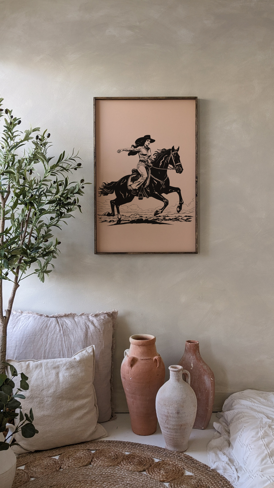 24" x 36" Vintage Cowgirl Framed Print - Handmade Western Wall Art